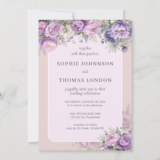 Stoffige violette bloemen waterverf bruiloft kaart (Voorkant)