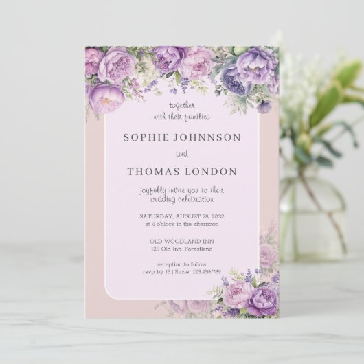 Stoffige violette bloemen waterverf bruiloft kaart (Staand voorkant)