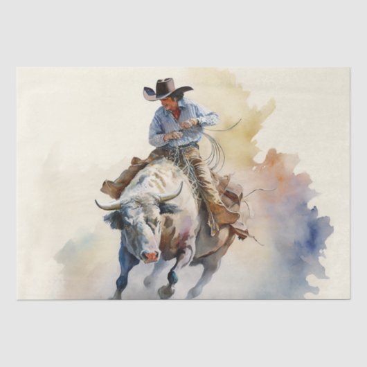 Stoffige western aquarel “Rodeo stierrijder” Tissuepapier (Voorkant)