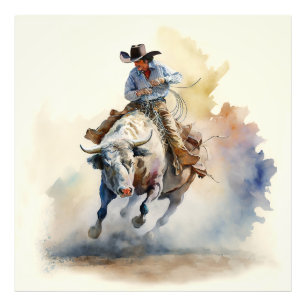 Stoffige western waterverfschildering “Rodeo-stier Foto Afdruk
