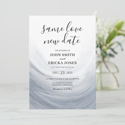 Stofgrijs watergolf-ontwerp 'Same Love New Date' Save The Date (Staand voorkant)