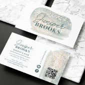 Stofgrijsblauwe sociale media QR-code glitterscrip Visitekaartje