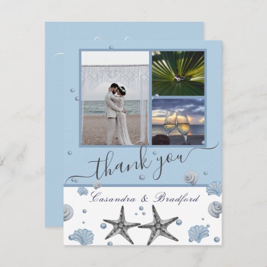 Stofgrijze zeesterren schelpen 3 fotocollage bedankkaart (Voorkant / Achterkant)