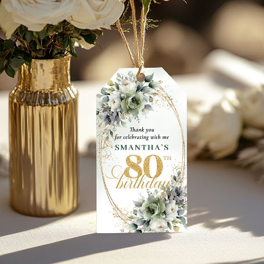 Stofgroen 80ste verjaardag Boho gebladerte tag Cadeaulabel