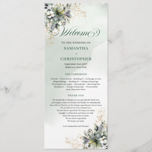 Stofgroen botanisch blad Bruiloftsprogramma Programmakaart (Voorkant)