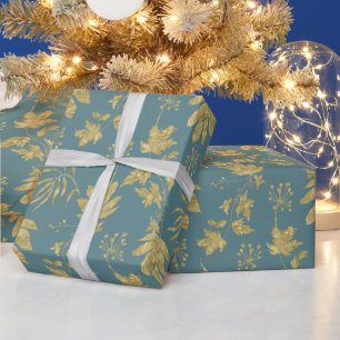 Stofgroen en goudkleurige planten en bladeren cadeaupapier