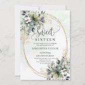 Stofgroene Eucalyptus Sweet 16 Gouden Uitnodiging (Voorkant)