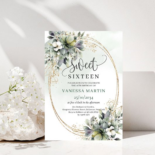 Stofgroene Eucalyptus Sweet 16 Gouden Uitnodiging