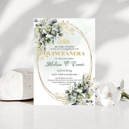 Stofgroene groene Quinceañera Boho uitnodiging