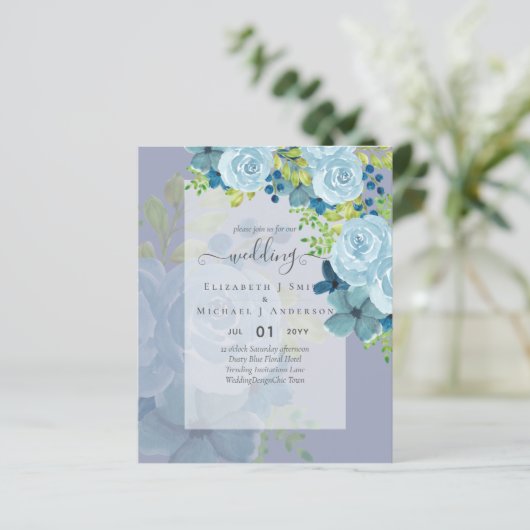 STOFJES BLAUWE BLOEMEN TROUWKAARTEN - BUDGET (Staand voorkant)