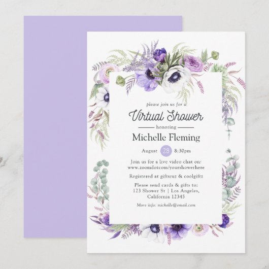 Stofpaarse bloemen virtueel baby- of bruidsfeestje kaart (Voorkant / Achterkant)