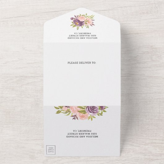 Stofpaarse en roze bloemige trouwfoto all in one uitnodiging (Buitenkant)