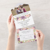 Stofpaarse en roze bloemige trouwfoto all in one uitnodiging (Afscheurbaar)