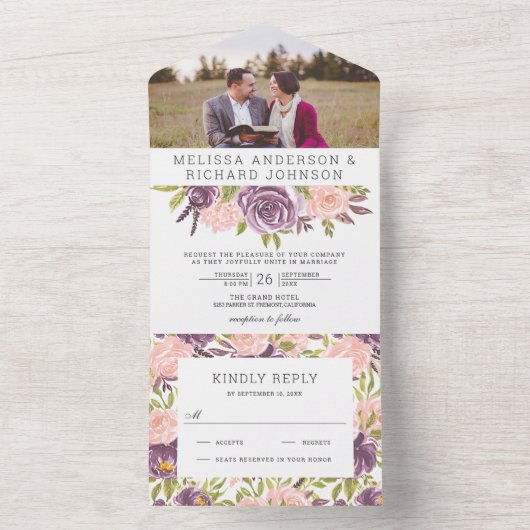 Stofpaarse en roze bloemige trouwfoto all in one uitnodiging (Binnen)