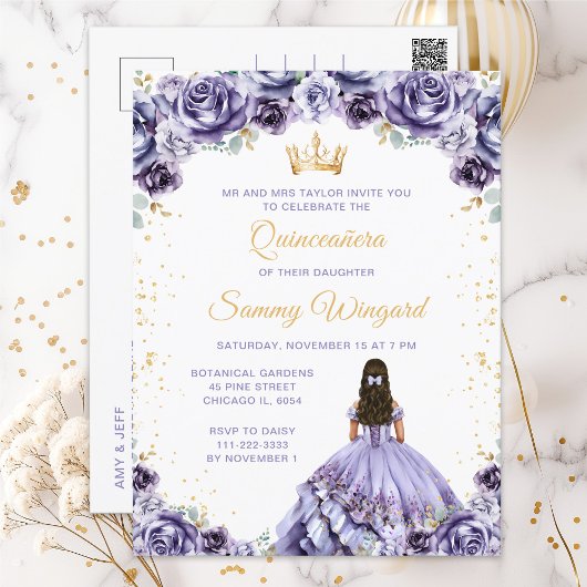 Stofpaarse Prinses Bloemige Quinceañera Briefkaart