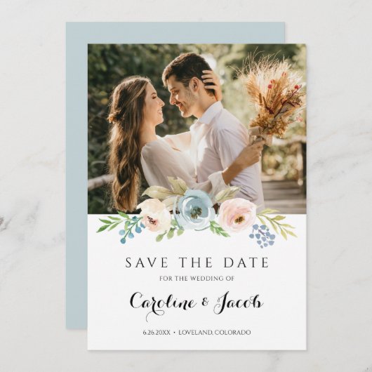 Stofrig Blauw en Blozend Roze Rustieke Bloemen Tro Save The Date (Voorkant / Achterkant)