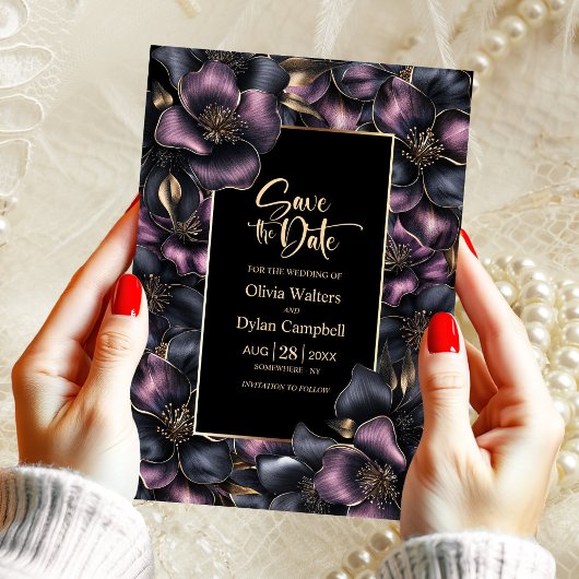 Stofrig Roze en Grijs Bloemig Trouwen Save the Dat Kaart