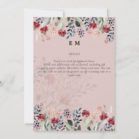 Stofrige Roze Bourgondiër Bloemige Bruiloft Kaart (Achterkant)