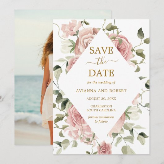 Stofrinke Roos Bloem Foto Save The Date (Voorkant / Achterkant)