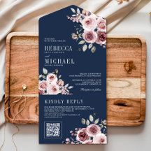Stofrinke Roze Bloemen Marineblauw QR Code Trouwen