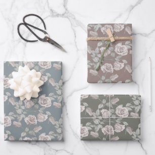 Stofrinke rozen in blauw-grijs, taupe en saliegroe inpakpapier vel
