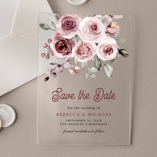 Stofrinke Rozen Trouw Save the Date Acryl Uitnodigingen