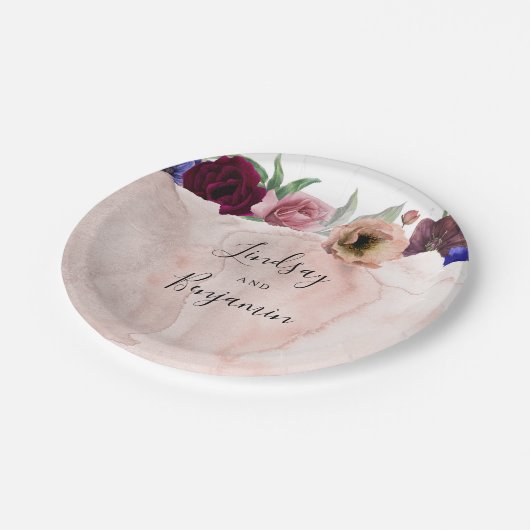 Stofris blauw en bordeauxrood bloemendiensttrouw papieren bordje (Gekanteld)