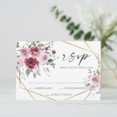 Stofris Burgundy Gouden Bloemen Bruiloft RSVP Kaar (Staand voorkant)