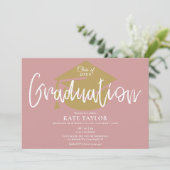 Stofris Roze En Gouden Script Afstudeerfeest Kaart (Staand voorkant)
