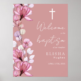 Stofrond roze bloemen doop welkom bord poster
