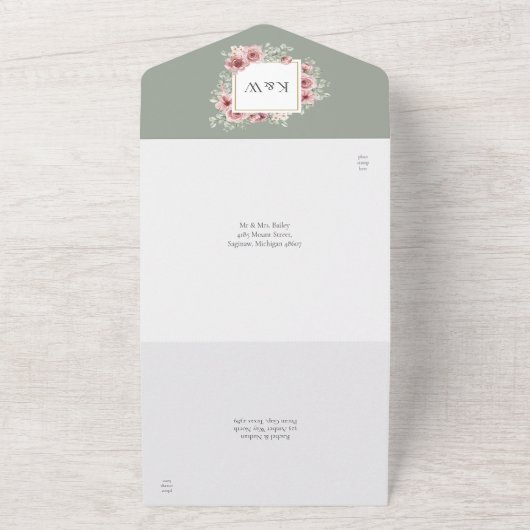 Stofrond Roze Bloemige Salie Groene Trouwdag All In One Uitnodiging (Buitenkant)