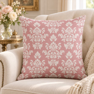 Stofrond roze en witte vintage damast  kussen