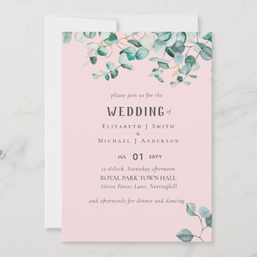 Stofrond Roze Eucalyptus TROUWEN Kaart (Voorkant)