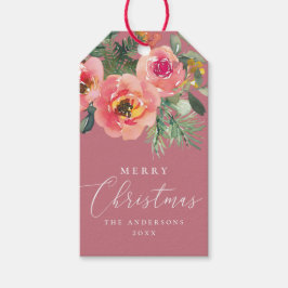 Stofrond Roze Winterbloemen | Romantische Kerst Cadeaulabel