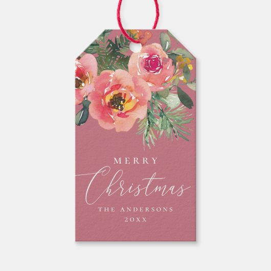 Stofrond Roze Winterbloemen | Romantische Kerst Cadeaulabel (Voorkant)