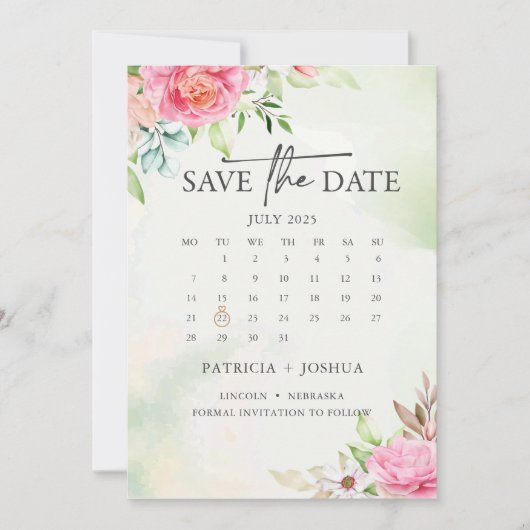 Stofróze bloemachtige boho uitnodigingskaart voor  save the date (Voorkant)