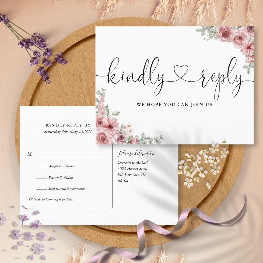 Stofróze bloemhart script liedverzoek RSVP Uitnodiging Briefkaart