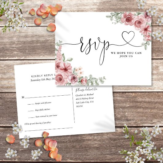 Stofróze bloemhart script liedverzoekkaart uitnodiging briefkaart