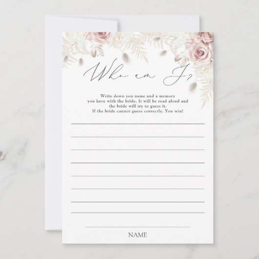 Stofroze Boho Chic Wie Ben Ik Bruidsdouche Spel Kaart (Voorkant)