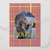 Stofroze en gouden geruite Kerstvakantie Foto Folie Feestdagenkaart (Voorkant)