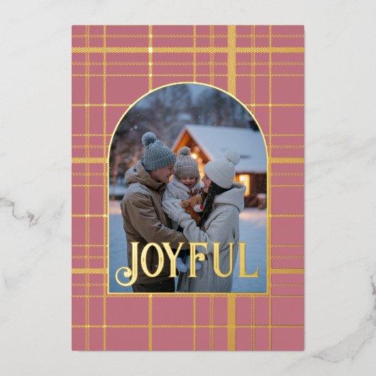 Stofroze en gouden geruite Kerstvakantie Foto Folie Feestdagenkaart (Voorkant)