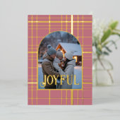 Stofroze en gouden geruite Kerstvakantie Foto Folie Feestdagenkaart (Staand Voorkant)