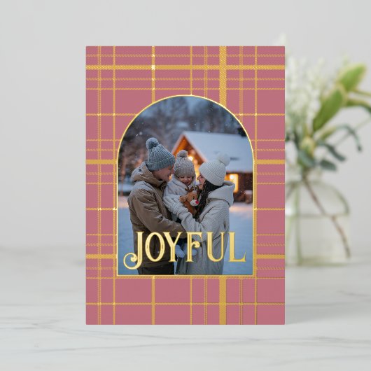 Stofroze en gouden geruite Kerstvakantie Foto Folie Feestdagenkaart (Staand Voorkant)