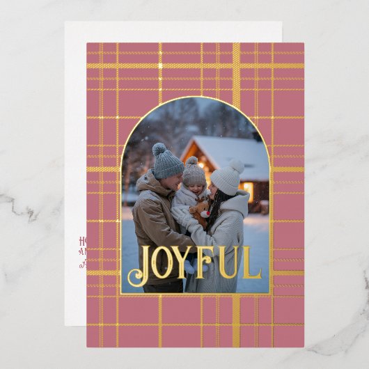 Stofroze en gouden geruite Kerstvakantie Foto Folie Feestdagenkaart (Voorkant / Achterkant)