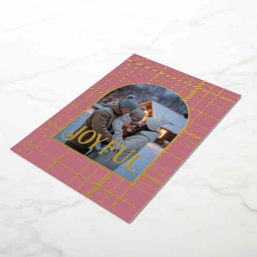 Stofroze en gouden geruite Kerstvakantie Foto Folie Feestdagenkaart (Gedraaid)