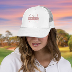 Stofróze gepersonaliseerde naam golfbal en -clubs trucker pet