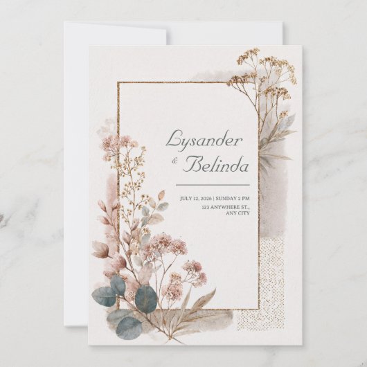 Stofroze Goud Folie Eucalyptus Bruiloft Kaart (Voorkant)