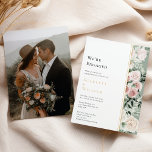 Stofroze goudkleurige salie vintage foto We zijn v Kaart<br><div class="desc">Deze stoffige roze gouden salie vintage foto trouwkaart is een dromerige ensemble die de essentie van vintage charme en moderne elegantie belichaamt. Met de hand gemaakte ontwerpen, versierd met eucalyptusgroen, en stoffige roze bloemen, geaccentueerd met gouden geometrische randen en typografie tegen een heldere witte en salie achtergrond. Verken onze collectie...</div>