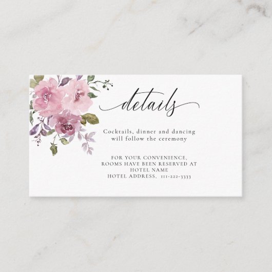 Stofróze Mauve Roze Blush Bloemige Trouwdetails Informatiekaartje (Voorkant)