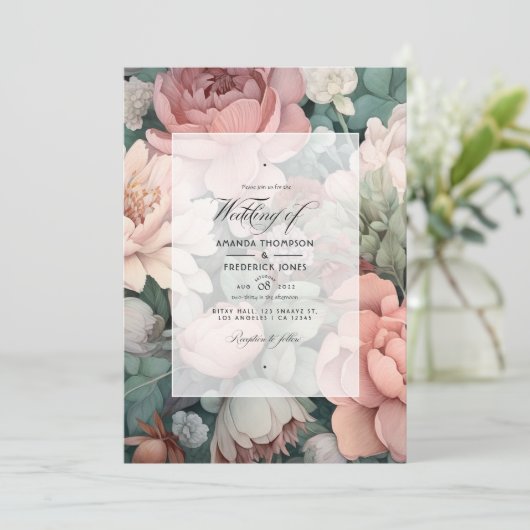 Stofróze, Mintgroene en Blush Bloemige Bruiloft Kaart (Staand voorkant)